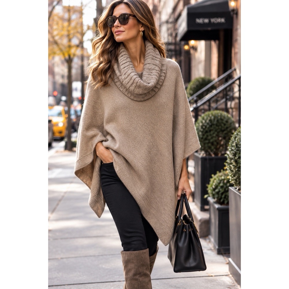 Ananda 100% Cashmere Poncho Sweater One Size Beige Cable Knit Cowl Neck Luxury